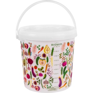 Białe wiadro fermentacyjne o pojemności 10 litrów z motywami warzyw i owoców do wina itp.