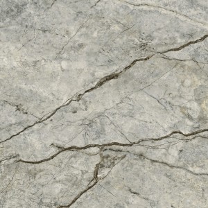 Szara płytka podłogowa z efektem marmuru i ciemnymi żyłkami.