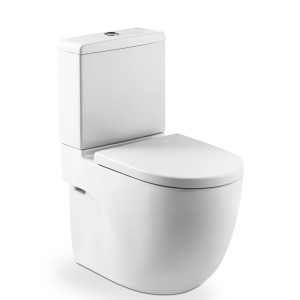 Białe kompaktowe WC t.b.t. ze spłuczką i deską sedesową.