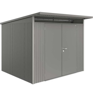 Metalowy domek narzędziowy Biohort AvantGarde A6, kwarcowoszary metalik z podwójnymi drzwiami.