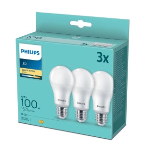 Żarówki LED Philips E27 13W w kształcie tradycyjnej żarówki, zestaw 3 szt. w opakowaniu. Ciepłe białe światło.