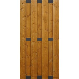 Panel ogrodzeniowy drewniany t.b.t. z ciemnymi poprzeczkami.