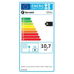 Etykieta energetyczna pieca z oceną A i mocą 10,7 kW.