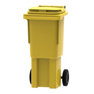 Żółty pojemnik na odpady z pokrywą i kołami.