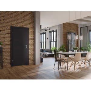 Czarne drzwi wewnętrzne w nowoczesnym salonie. Gładkie skrzydło drzwiowe, minimalistyczny design.