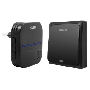 Czarny bezprzewodowy zestaw dzwonka do drzwi t.b.t. do użytku wewnętrznego.