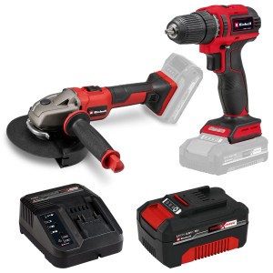Zestaw wkrętarki akumulatorowej z ładowarką i akumulatorem.