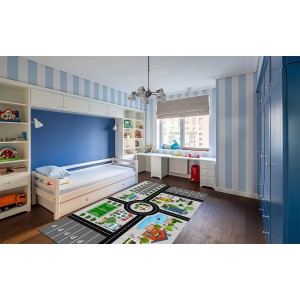 Pokój dziecięcy z dywanem do zabawy z motywem ulicy. Dywan z krótkim włosiem.