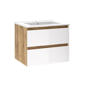 t.b.t. Szafka pod umywalkę z dwiema białymi szufladami i efektem drewna. Zestaw mebli łazienkowych.