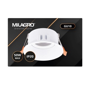 Biała oprawa do wbudowania t.b.t. na żarówki GU10, max. 50W, IP20.