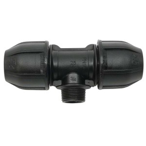 Czarny trójnik do nawadniania podziemnego, 25 mm, z gwintem 3/4 cala.