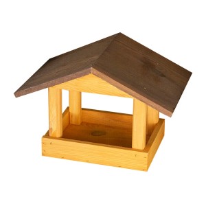 Drewniany karmnik dla ptaków z brązowym dachem do ogrodu.