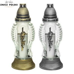 Dwa znicze z krzyżem róży w kolorze złotym i srebrnym.