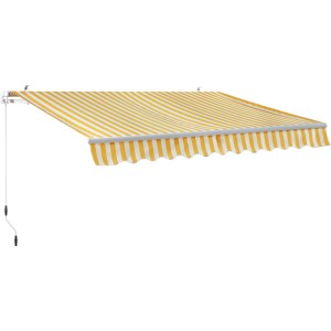 Żółto-biała markiza t.b.t. w paski do użytku zewnętrznego.