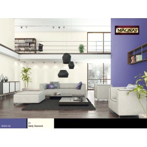 Salon z farbami ściennymi w kolorze białym i fioletowym. Kolorowe farby do ścian.