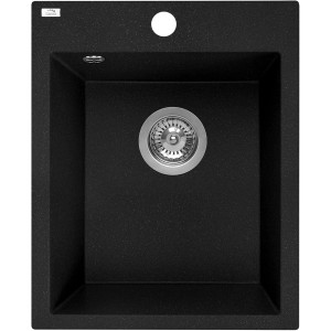 Czarny, kwadratowy zlew granitowy z odpływem i otworem na kran.