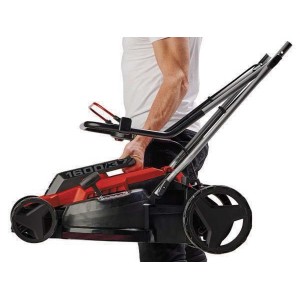 Złożona, czerwona kosiarka elektryczna t.b.t. z czarną obudową.