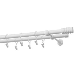 Biały, podwójny karnisz z pierścieniami i klipsami.