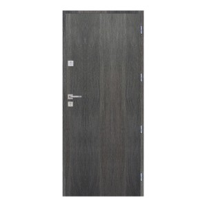 Szare drzwi wewnętrzne z fakturą drewna, klamką i zamkiem.