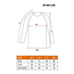 Tabela rozmiarów odzieży roboczej t.b.t. z wymiarami dla różnych rozmiarów.