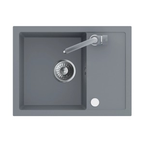 Szary zlewozmywak granitowy t.b.t. z ociekaczem i przyłączem do baterii.