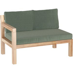 Zestaw mebli ogrodowych t.b.t. z drewnianą ramą i zielonymi poduszkami.