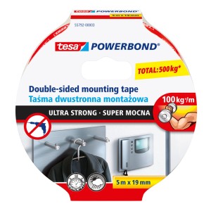 Taśma montażowa Tesa Powerbond, dwustronna, zapewniająca silną przyczepność. Idealna do użytku wewnątrz i na zewnątrz.