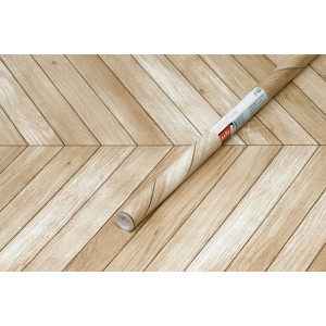 Rolka folii samoprzylepnej z wzorem drewna w jodełkę.