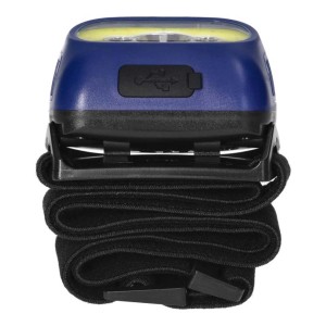 Niebieska latarka czołowa z portem USB i czarną opaską.