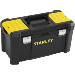 Stanley Essential 19-calowa skrzynka narzędziowa, plastikowe pudełko z metalowymi zatrzaskami, czarno-żółta.