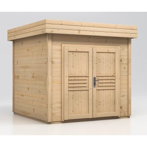 Drewniany domek ogrodowy t.b.t. z podwójnymi drzwiami. Idealny jako domek na narzędzia w ogrodzie.