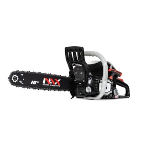 Czarna piła łańcuchowa z 16-calową prowadnicą do cięcia drewna.