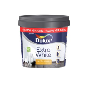 Wiadro białej farby do ścian Dulux Extra White z napisem '+10% GRATIS'.