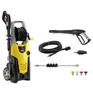 Myjka ciśnieniowa t.b.t. z akcesoriami, takimi jak pistolet, dysze i wąż.