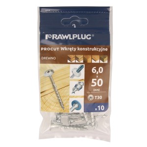 Wkręty do drewna RAWLPLUG 6,0 x 50 mm, 10 sztuk w opakowaniu.