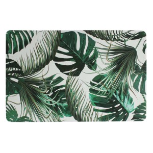 Obrus z motywem tropikalnych liści. Dekoracyjne zielone liście na jasnym tle.