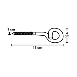 Szkic haka wkręcanego o długości 15 cm do foteli wiszących, główka 1 cm, oczko o wysokości 4 cm.