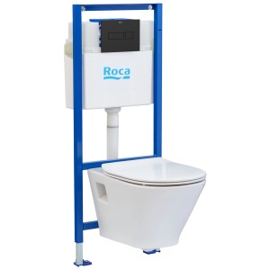 Zestaw WC wiszącego z niebieską ramą montażową i białą ceramiką t.b.t.