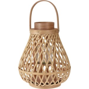 Lampion rattanowy ze szklanym wkładem i uchwytem.