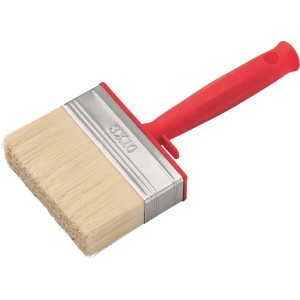 Szeroki pędzel t.b.t. z czerwonym uchwytem do malowania.