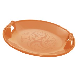 Pomarańczowe sanki talerzowe t.b.t. z uchwytami dla dzieci.