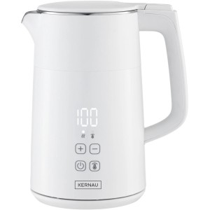 Biały czajnik t.b.t. z cyfrowym wyświetlaczem i regulacją temperatury.