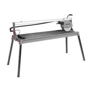 Szara przecinarka do glazury ze stołem i tarczą tnącą.