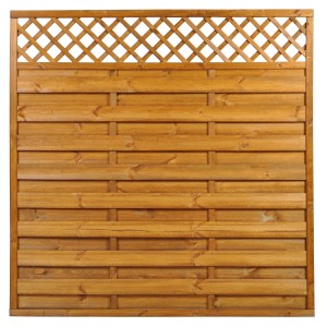 Panel ogrodzeniowy drewniany z listwami i kratką, brązowy.