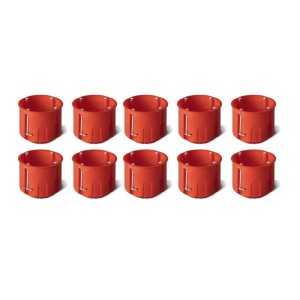 Pomarańczowe puszki podtynkowe t.b.t. w zestawie do instalacji elektrycznych.