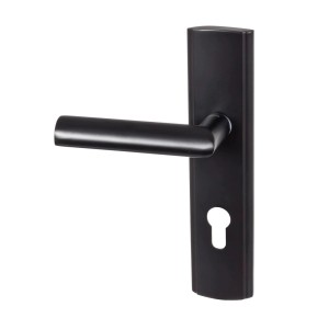 Czarny zestaw klamek do drzwi wewnętrznych.