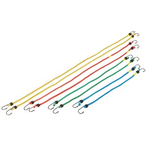 Zestaw ekspanderów gumowych, 8 sztuk, różne długości i kolory z metalowymi haczykami do podróży i transportu.