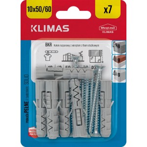 Kołki Klimas ze śrubami, 10x50/60 mm, 7 sztuk, do podłoży pełnych.