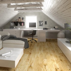 Jasna drewniana podłoga w biurze na poddaszu. Naturalny wygląd drewna deski.