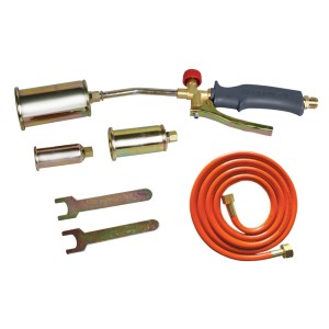 Zestaw lutownicy z nasadkami palnika, wężem i narzędziami.